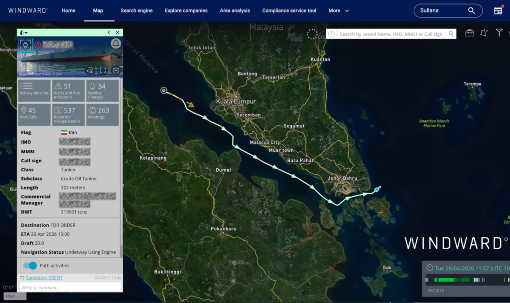 The Iran-flagged VLCC's vessel path. Source: Windward Maritime AI™ Platform.