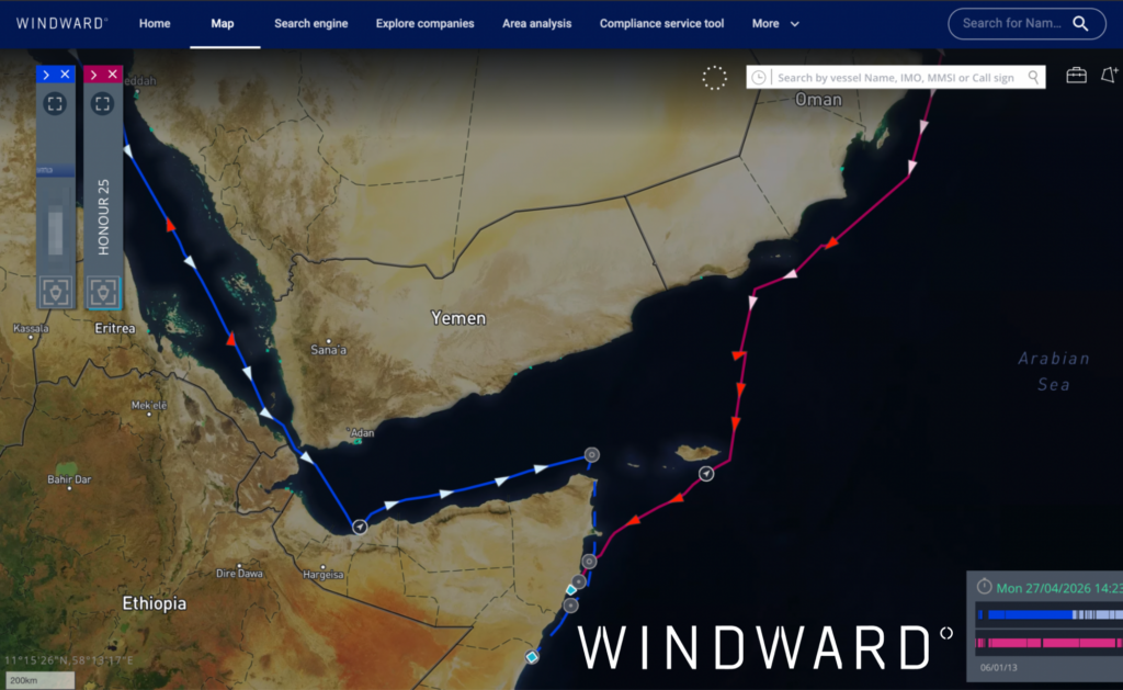 The two hijacked vessels being held at Somali ports. Source: Windward Maritime AI™ Platform.