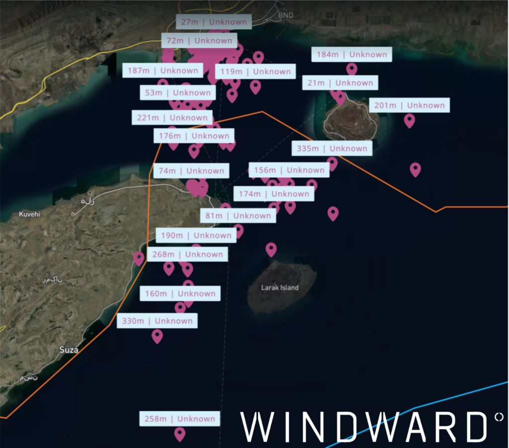 Vessel presence in the Bandar Abbas and Shahid Rajai area, with three dark vessels over 200 meters, April 29, 2026. Source: Windward Maritime AI™ Platform.