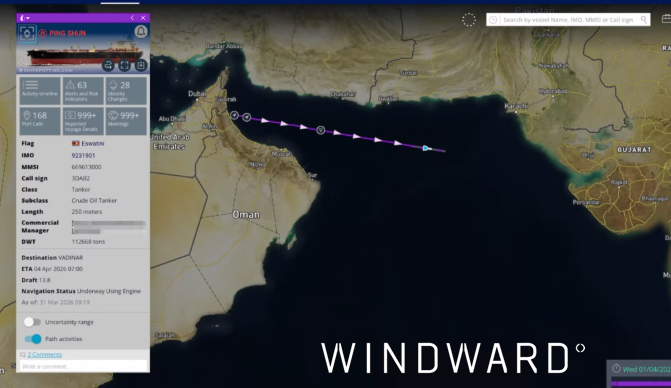 OFAC-sanctioned, falsely flagged PING SHUN sails for India, April 1. Source: Windward Maritime AI™ Platform.