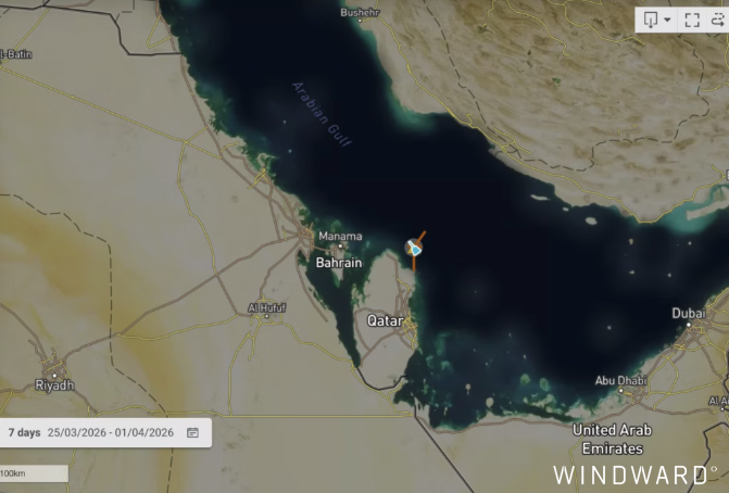 AQUA 1's position when attacked on April 1, 2026. Source: Windward Maritime AI™ Platform.