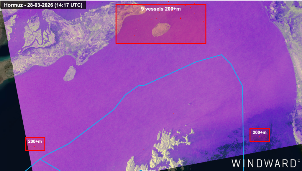 SAR imagery of the Strait of Hormuz, March 28, 2026. Source: Windward Remote Sensing Intelligence.