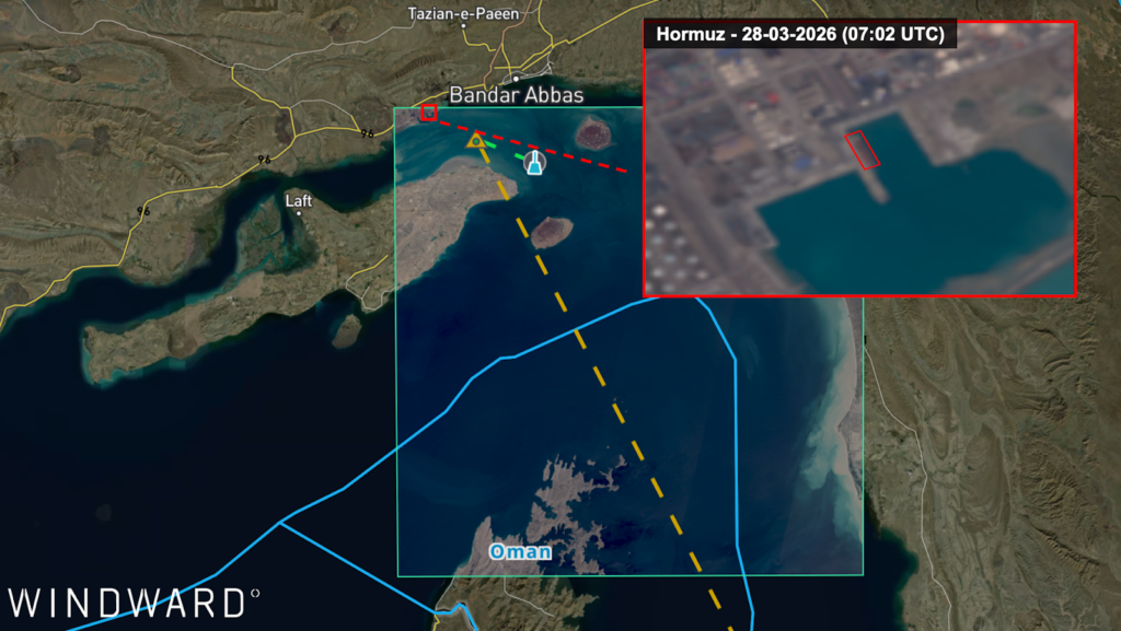 The suspected OFAC-sanctioned vessel loading at Shahid Rajai Terminal, March 28, 2026. Source: Windward Remote Sensing Intelligence.