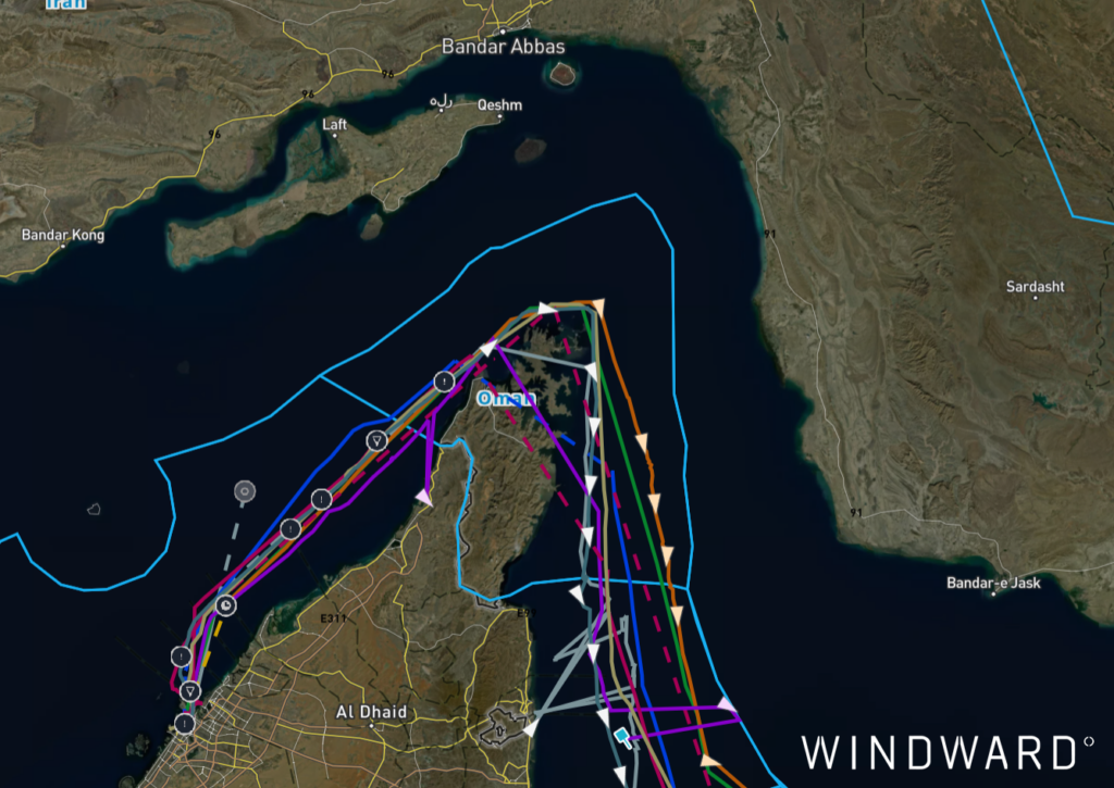 Vessels hugging the Omani coastline as they transit the new southern corridor. Source: Windward Maritime AI™ Platform.
