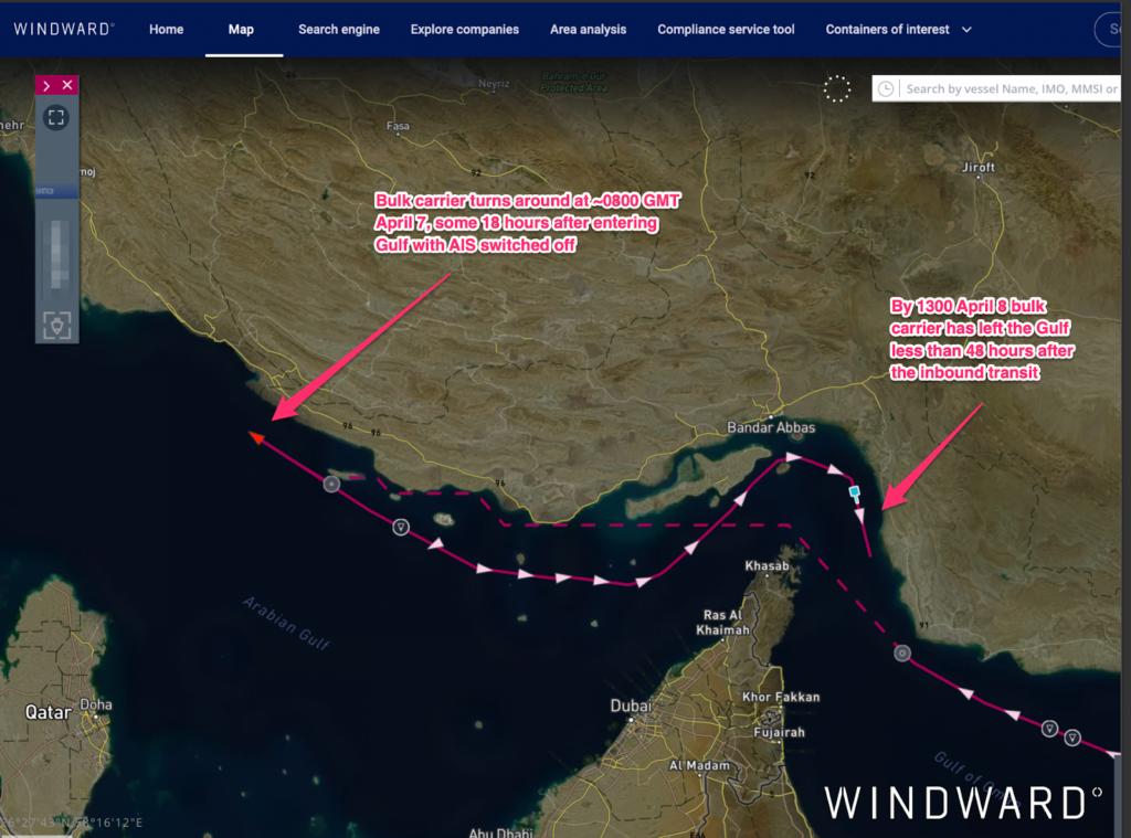 The St. Kitts and Nevis-flagged bulk carrier conducting a U-turn during its transit through the Strait of Hormuz, April 7, 2026. Source: Windward Maritime AI™ Platform.