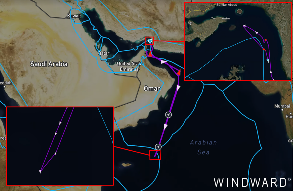 The vessel conducting a U-turn near Larak Island. Source: Windward Maritime AI™ Platform.