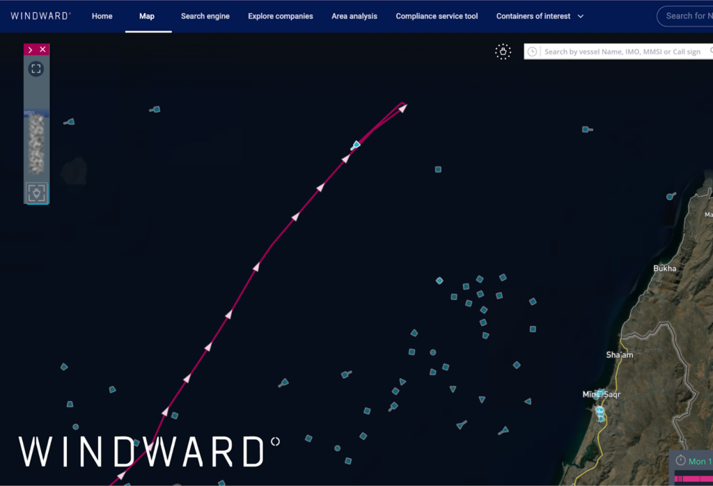 The EU/OFAC-sanctioned, falsely flagged vessel turning around at 14:00 UTC. Source: Windward Maritime AI™ Platform.