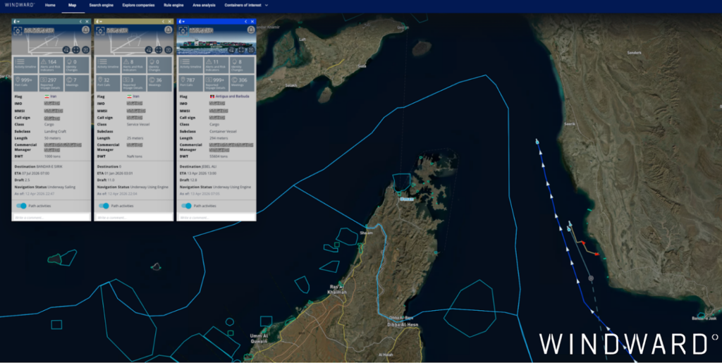 Vessels possibly preparing to cross the Strait of Hormuz (inbound), April 13, 2026, 13:00 UTC. Source: Windward Maritime AI™ Platform.