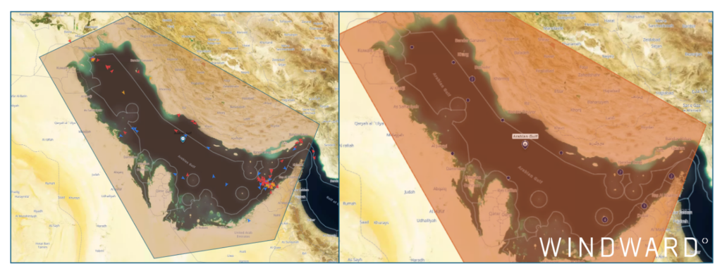 Dark fleet vessels’ latest position report (left), and dark fleet vessels’ dark activity (right), April 13, 2026, 12:40 UTC. Source: Windward Maritime AI™ Platform.