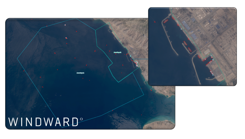 Assaluyeh Port and port waiting area, Iran, April 13, 2026. Source: Windward Remote Sensing Intelligence.