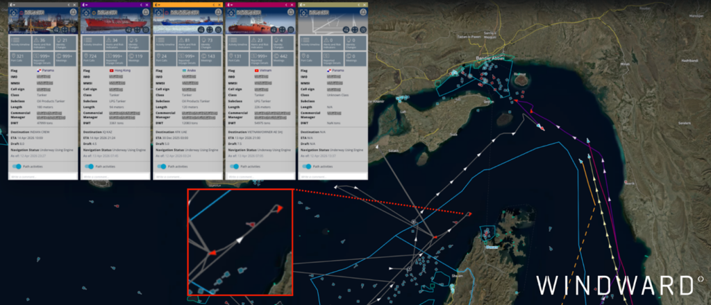 Three inbound vessels entered the Strait, one oil tanker is transiting, and one LPG executed a U-turn. Source: Windward Maritime AI™ Platform.