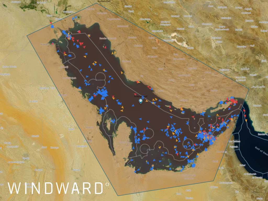 Cargo and tanker vessels’ latest AIS positions in the Gulf, April 13, 2026, 12:40 UTC. Source: Windward Maritime AI™ Platform.