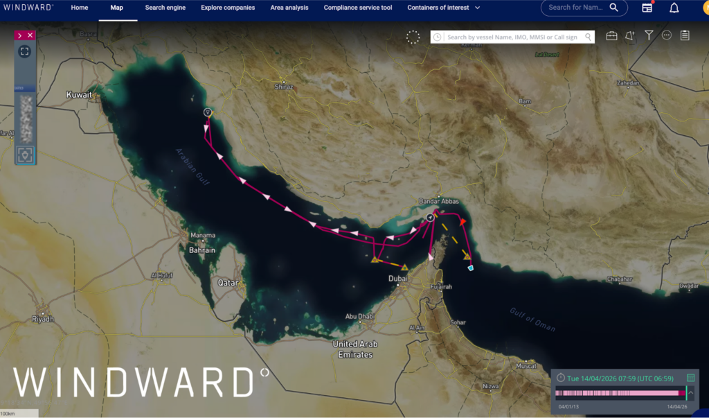 The vessel calling at Bushehr without transmitting AIS. Source: Windward Maritime AI™ Platform.