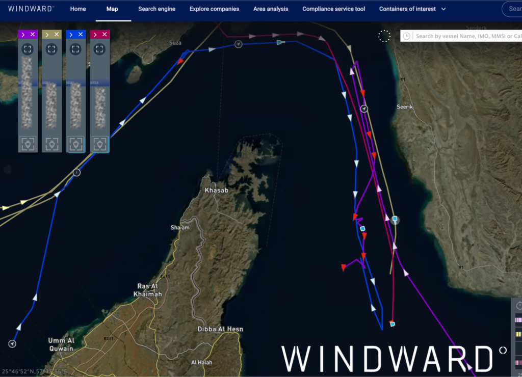 The four vessels exhibiting unusual behaviors in the Strait of Hormuz, April 14, 2026. Source: Windward Maritime AI™ Platform.