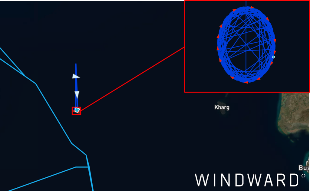 The vessels’ spoofing pattern. Source: Windward Maritime AI™ Platform.