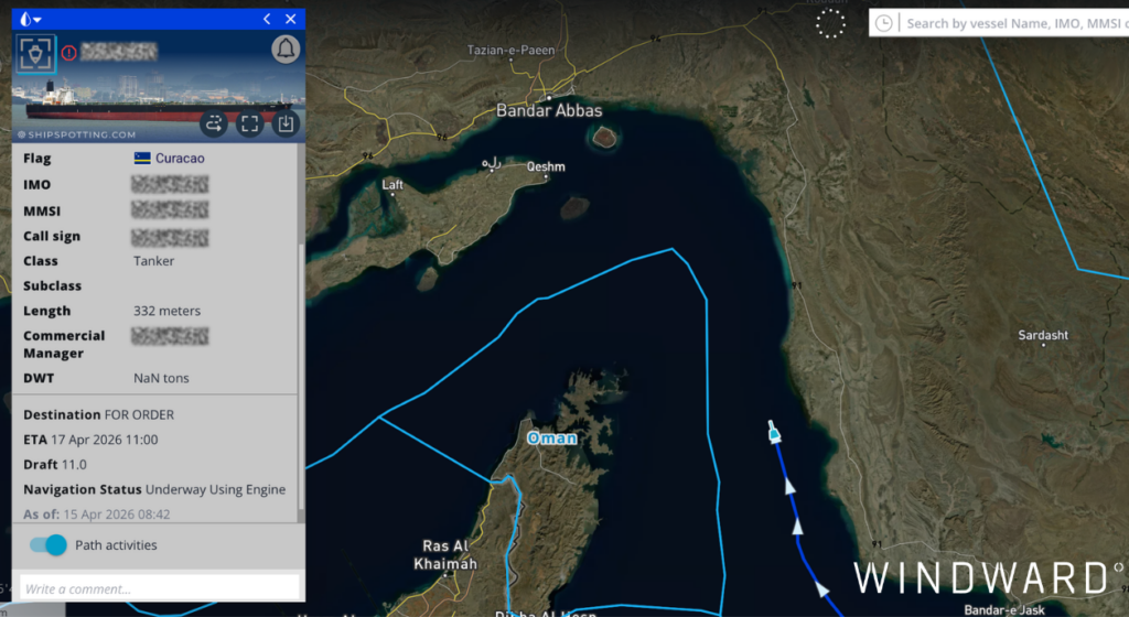 The VLCC’s vessel path, April 15, 2026. Source: Windward Maritime AI™ Platform.