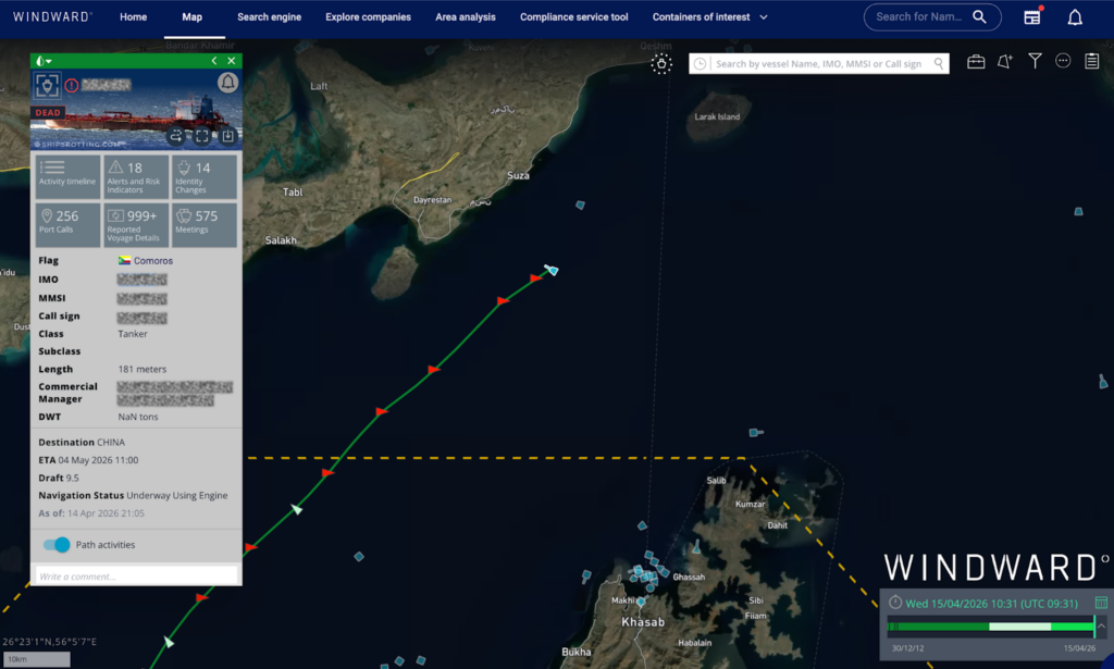 The zombie vessel, April 15, 2026. Source: Windward Maritime AI™ Platform.