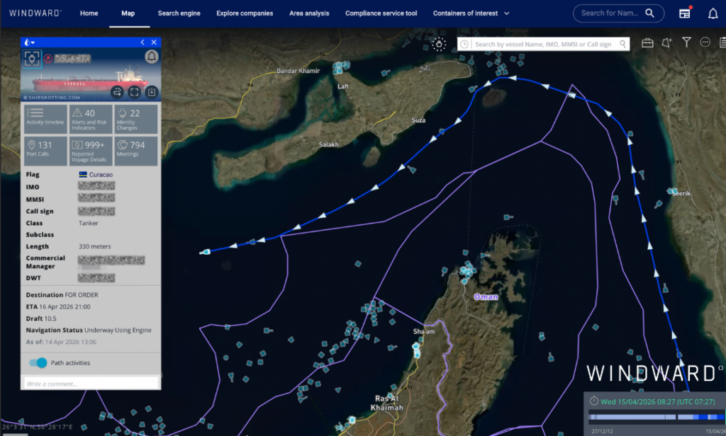 The U.S.-sanctioned VLCC transiting the Strait of Hormuz, April 14-15, 2026. Source: Windward Maritime AI™ Platform.