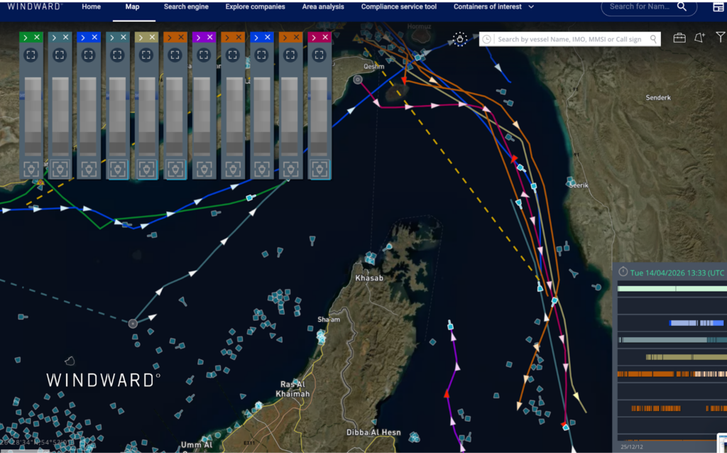 The vessels listed above that transited the Strait of Hormuz on April 14, 2026. Source: Windward Maritime AI™ Platform.