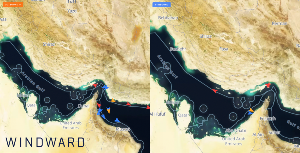 Outbound and inbound crossings of the Strait of Hormuz, April 14, 2026. Source: Windward Maritime AI™ Platform.