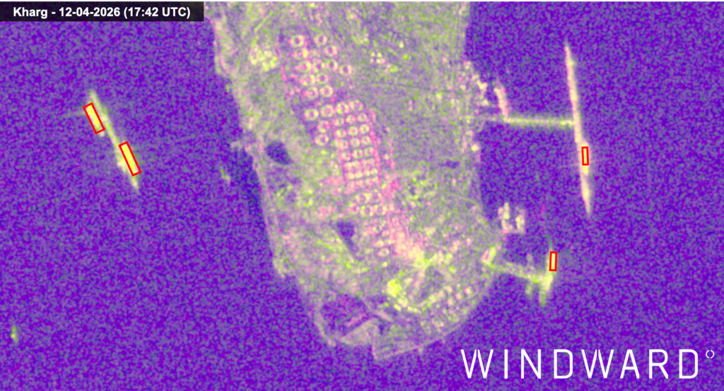 SAR imagery of the vessels loading at Kharg Island, April 12, 2026. Source: Windward Remote Sensing Intelligence.