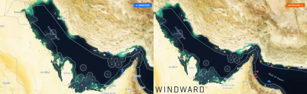 Inbound and outbound crossings, April 25, 2026. Source: Windward Maritime AI™ Platform.