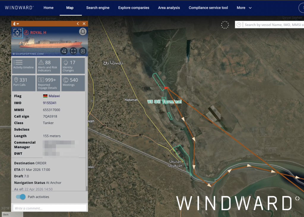 The ROYAL H’s fake AIS trails to the Iraqi port of Khor Al Zubair. Source: Windward Maritime AI™ Platform.