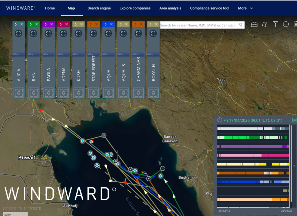 The ten tankers identified as spoofing their AIS off Basrah, Iraq. Source: Windward Maritime AI™ Platform.