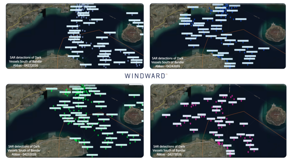 Dark vessel detections, day-over-day, Bandar Abbas, April 22-27, 2026. Source: Windward Remote Sensing Intelligence.