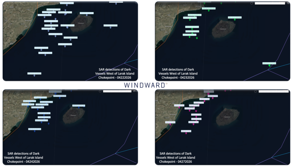 Dark vessel detections, day-over-day, Larak Island, April 22-27, 2026. Source: Windward Remote Sensing Intelligence.