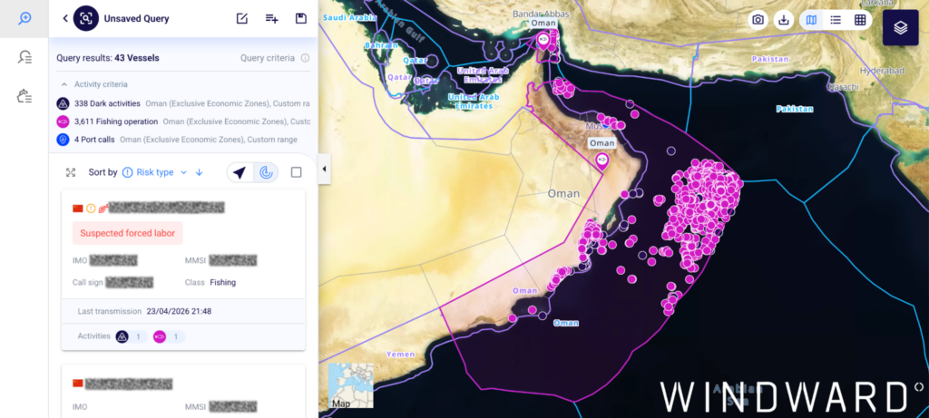Chinese fishing vessels, with 3,611 fishing operations (pink dots), 338 dark activities (black dots), and four port calls in Oman's EEZ between April 2025 and 2026. Activity clusters at the EEZ boundary edge (Arabian Sea), along the Batinah and Dhofar coasts, and near Duqm. Source: Windward Maritime AI™ Platform.