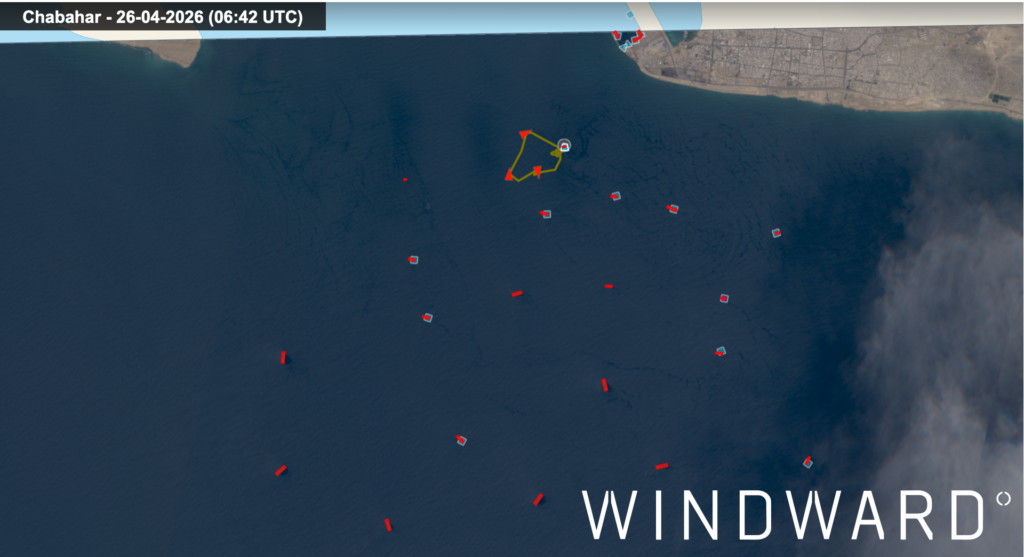 Tankers clustering east of Hormuz near Chabahar, with ATEELA 1’s movements, April 26, 2026, 06:42 UTC. Source: Windward Remote Sensing Intelligence