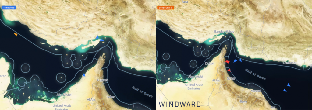Inbound and outbound crossings, April 28, 2026. Source: Windward Maritime AI™ Platform.