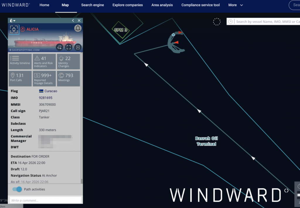 The spoofing trail of AILICIA. Source: Windward Maritime AI™ Platform.