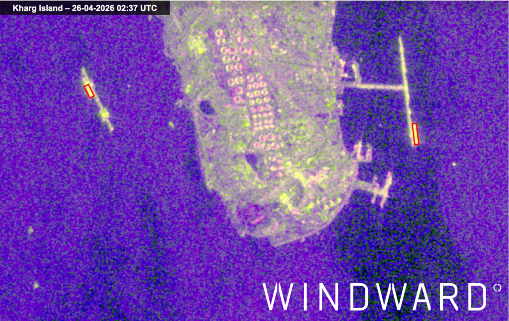 SAR imagery of the two tankers loading at Kharg Island terminals, April 26, 2026, 02:37 UTC. Source: Windward Remote Sensing Intelligence.