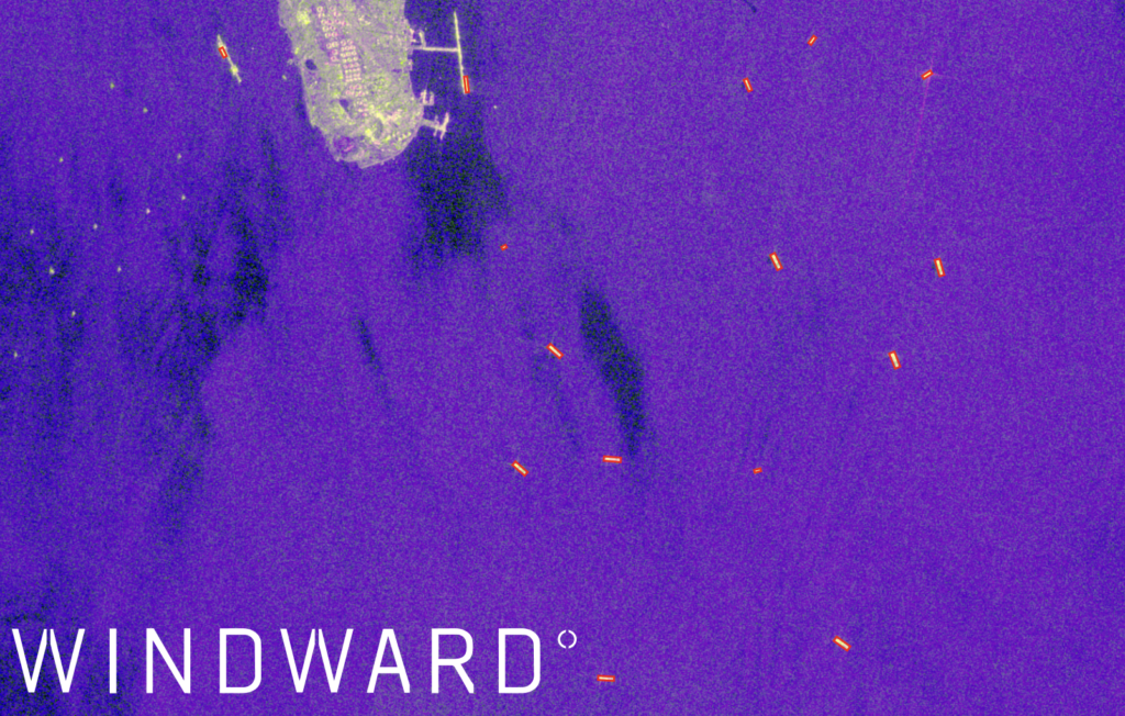 SAR imagery showing additional vessels anchored south and east of Kharg Island, indicating a waiting queue. Source: Windward Remote Sensing Intelligence.