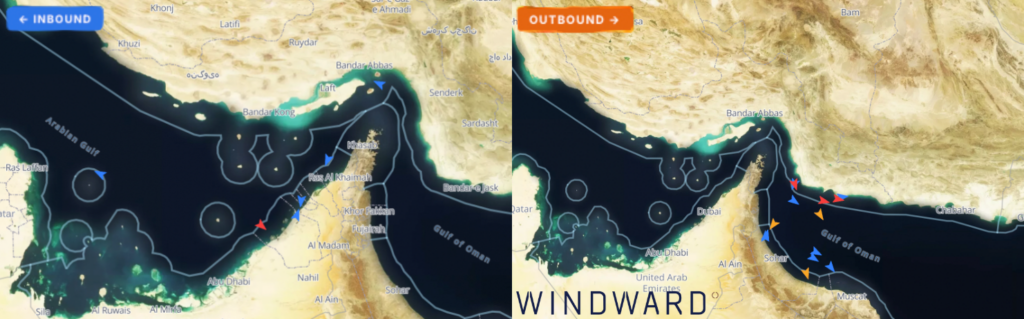 Inbound and outbound crossings, April 29, 2026. Source: Windward Maritime AI™ Platform.