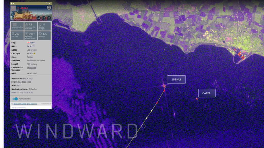 SAR imagery of the Baltic Sea showing the Jin Hui (left) and CAFFA (right) — two shadow fleet vessels subsequently detained by Swedish authorities for operating under false flags in 2026. Source: Windward Maritime AI™ Platform.