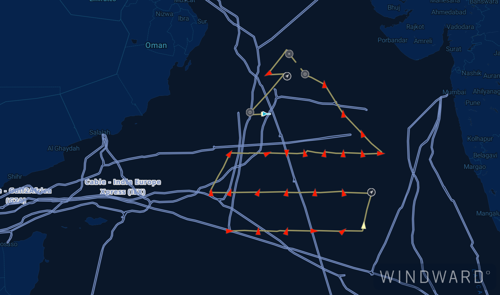 The Chinese-flagged service vessel conducting slow speed sailing above cables in the Arabian Sea.