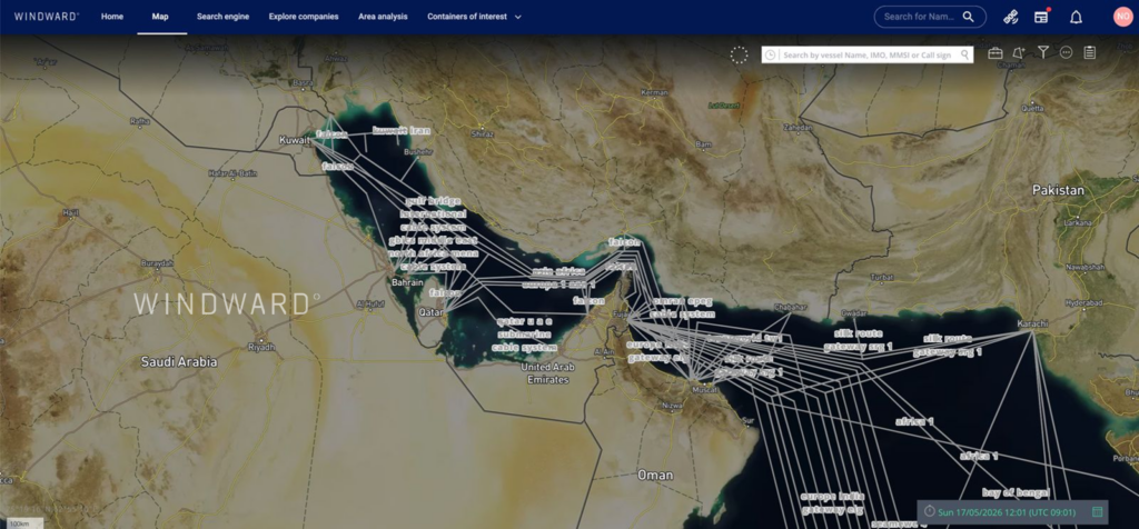 The map above, captured on the Windward Maritime AI™ platform, shows the cable lattice that ties the Middle East Gulf to South Asia, East Africa, and Europe. Kuwait, Bahrain, Qatar, the UAE, Oman, then onward to Karachi, Mumbai, and the Bay of Bengal.