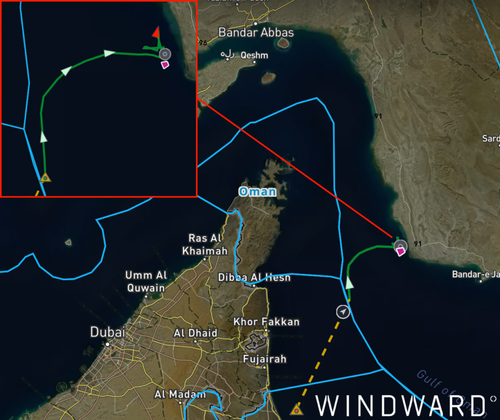 The vessel moored at the Kuh Mubarak single-point-mooring buoy on the Iranian Gulf of Oman coast, May 18, 2026, 07:38 UTC. Source: Windward Maritime AI™ Platform.