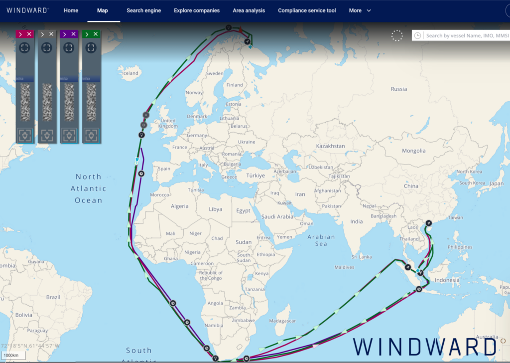 The sanctioned vessels’ path around the Cape of Good Hope. Source: Windward Maritime AI™ Platform.