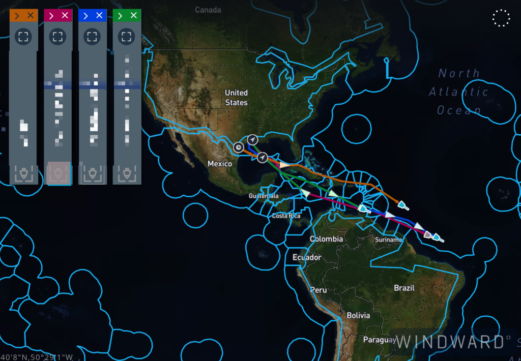 The four vessels’ paths. Source: Windward Maritime AI™ Platform.