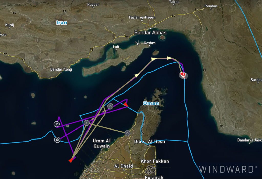 The three vessels’ transits across the Strait of Hormuz, May 20, 2026, 09:00 UTC. Source: Windward Maritime AI™ Platform.