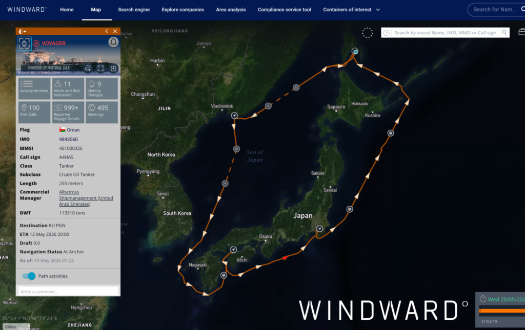 VOYAGER’s vessel path. Source: Windward Maritime AI™ Platform.