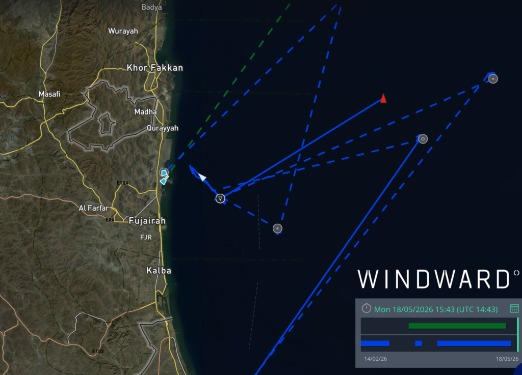 The positions of the two Iran-linked vessels, BALDMAN and EAN SPIR, operating under false identities and demonstrating GPS jamming, near the Port of Fujairah. Source: Windward Maritime AI™ Platform.