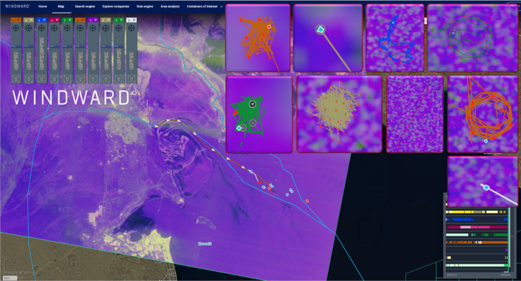 SAR imagery of the nine vessels observed manipulating their positions in the area of the Basrah Oil terminal port waiting area, May 19, 2026, 02:47 UTC. Source: Windward Remote Sensing Intelligence.