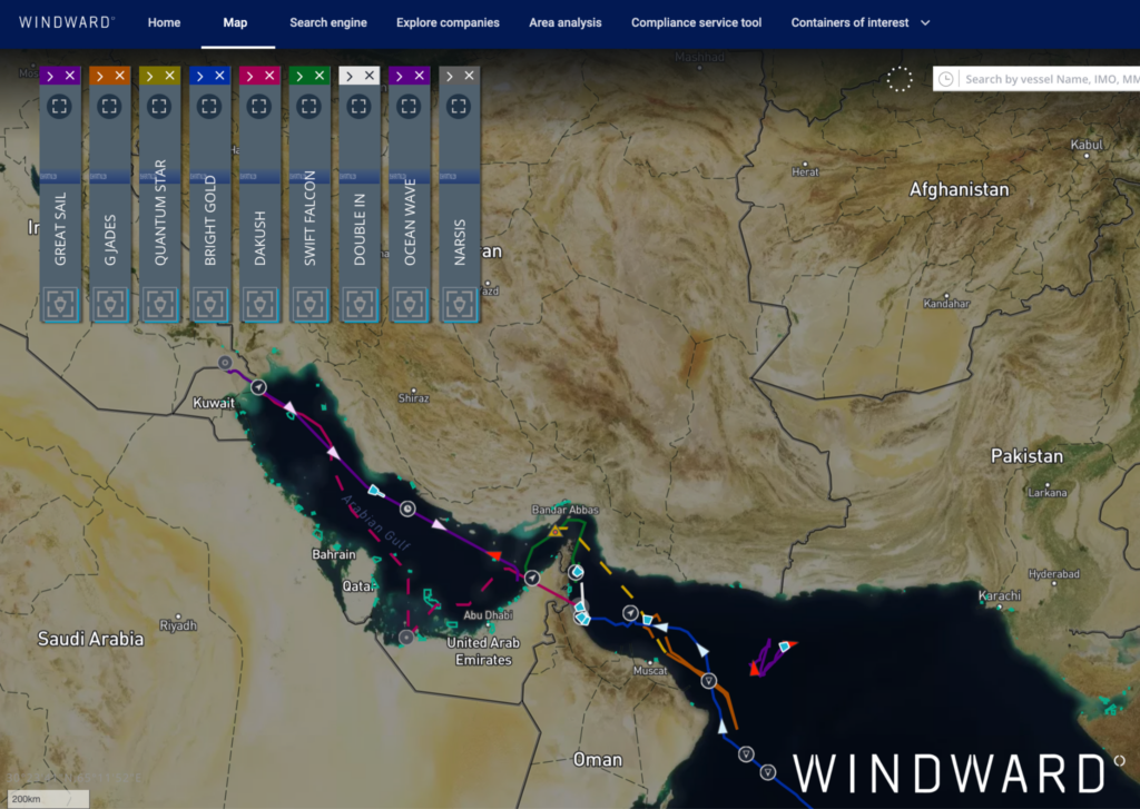 The sanctioned vessels’ movements in the Strait of Hormuz. Source: Windward Maritime AI™ Platform.