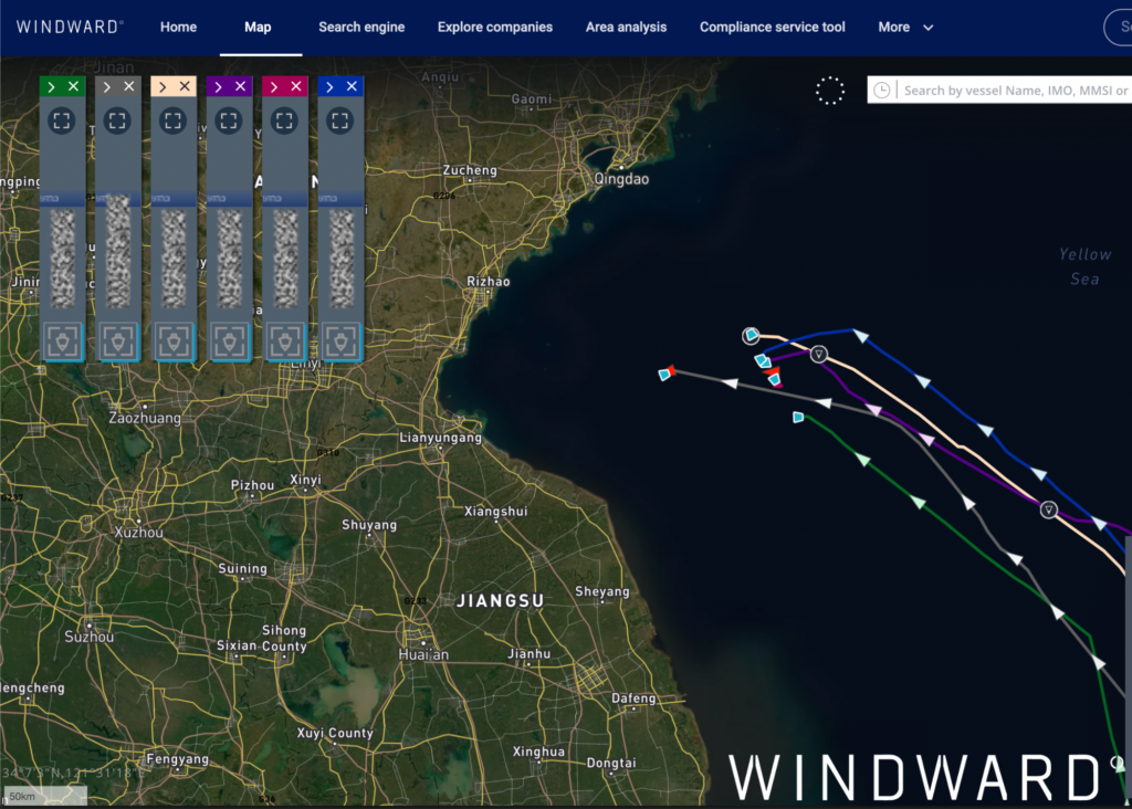 Six of the vessels laden with Iranian oil in waters off China. Source: Windward Maritime AI™ Platform.