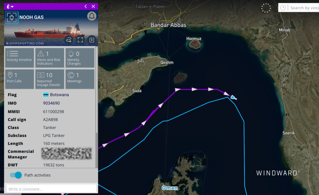 NOOH GAS crossing the Strait of Hormuz, May 4, 2026. Source: Windward Maritime AI™ Platform.